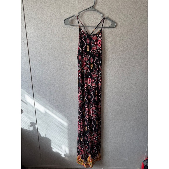 Material Girl Dresses & Skirts - Material Girl Maxi Dress Black Boho Tribal Print Spaghetti Strap CrissCross Back